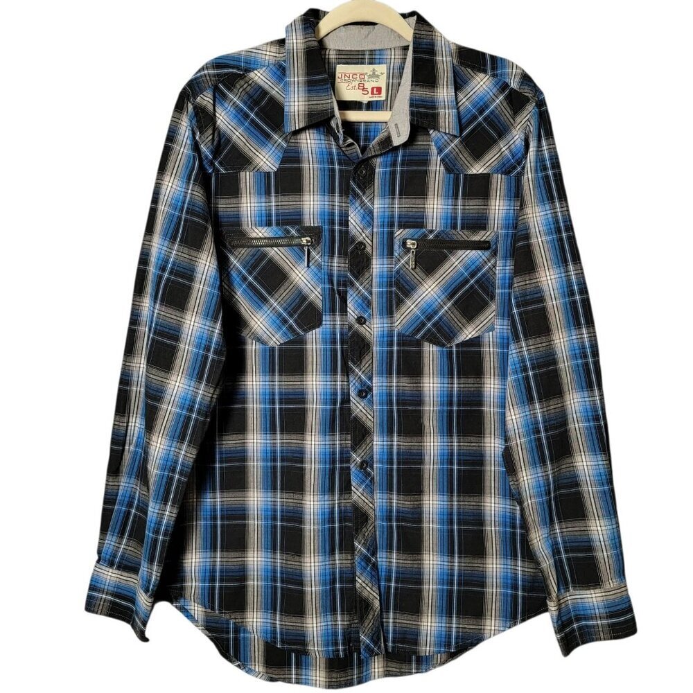 JNCO Mens Y2K Blue Black Plaid Skater Streetwear Long Sleeve Button Up Shirt L